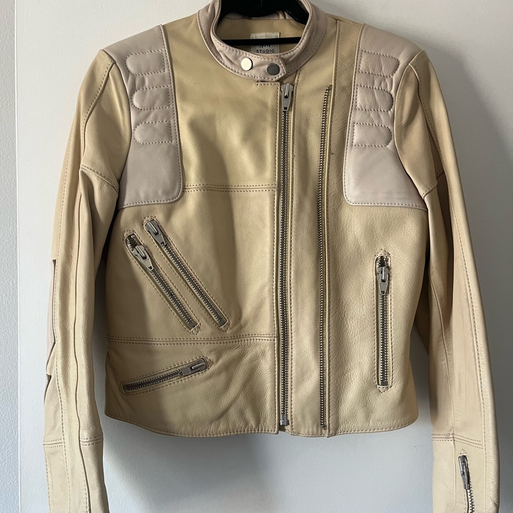 Beige Leather Moto Jacket with Zipper Details